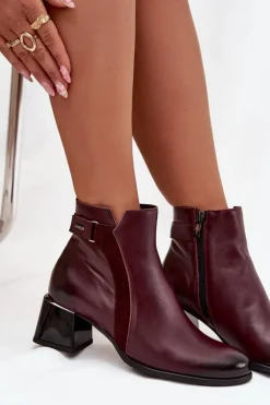 Skórzane Botki Damskie Na Obcasie Ocieplane Zazoo 60563 Bordowe