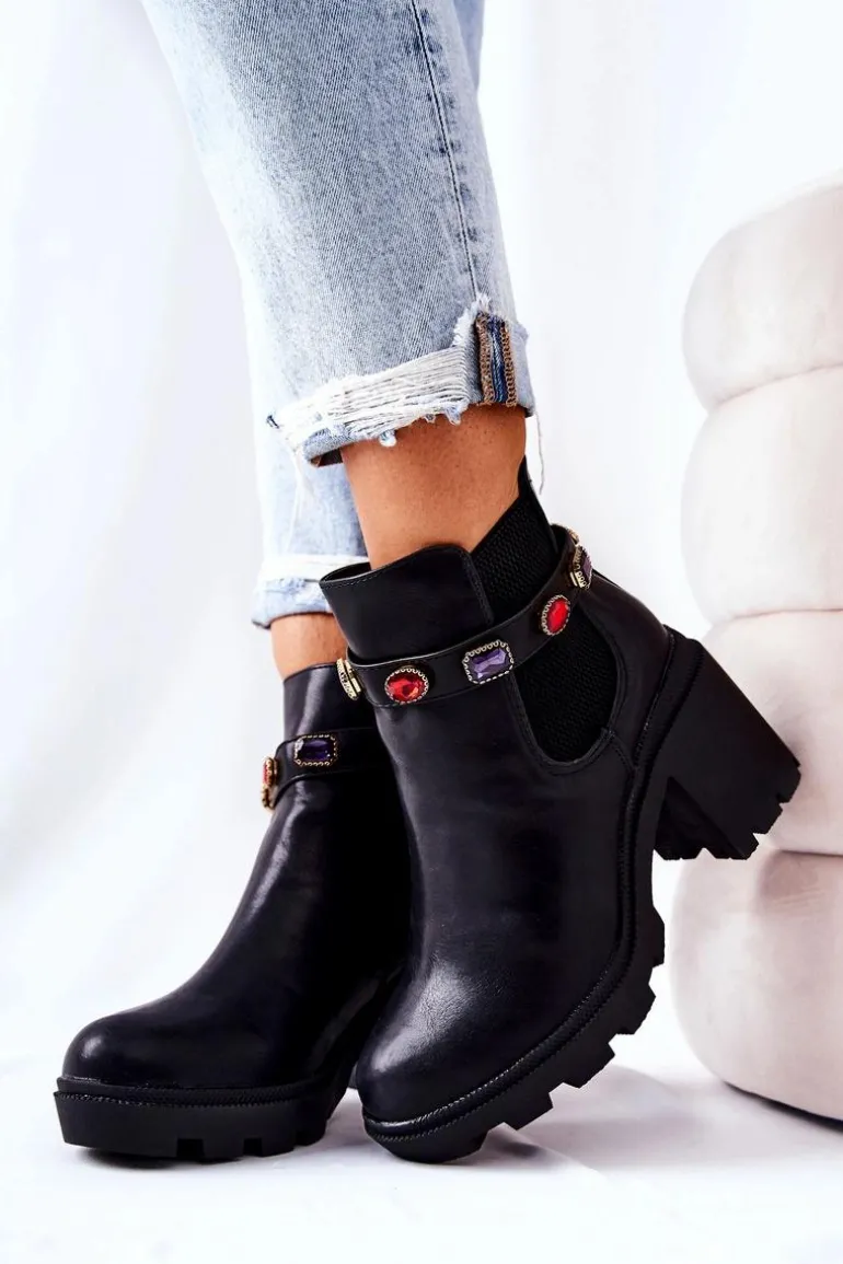 Skórzane Botki Damskie Na Słupku Z Kryształami Czarne Makbet
