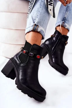 Skórzane Botki Damskie Na Słupku Z Kryształami Czarne Makbet