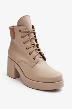 Skórzane Botki Damskie Na Słupku Beżowe Lemar Leocera