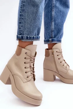 Skórzane Botki Damskie Na Słupku Beżowe Lemar Leocera