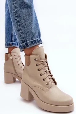 Skórzane Botki Damskie Na Słupku Beżowe Lemar Leocera