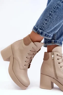 Skórzane Botki Damskie Na Słupku Beżowe Lemar Leocera
