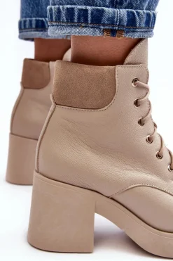Skórzane Botki Damskie Na Słupku Beżowe Lemar Leocera