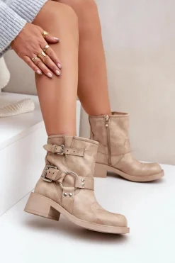 Skórzane Botki Damskie Na Niskim Obcasie Klocku Z Paskami Zazoo 3644 Beżowe