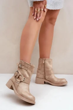 Skórzane Botki Damskie Na Niskim Obcasie Klocku Z Paskami Zazoo 3644 Beżowe