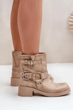 Skórzane Botki Damskie Na Niskim Obcasie Klocku Z Paskami Zazoo 3644 Beżowe