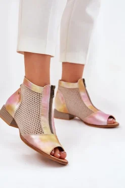 Skórzane Botki Damskie Na Płaskim Obcasie Z Odkrytymi Palcami Maciejka 06413-15 Różowo-Pomarańczowe