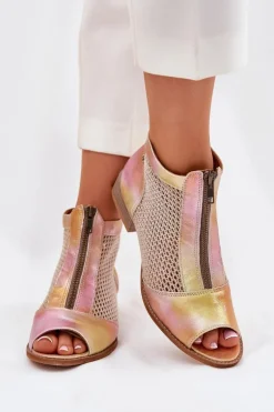 Skórzane Botki Damskie Na Płaskim Obcasie Z Odkrytymi Palcami Maciejka 06413-15 Różowo-Pomarańczowe