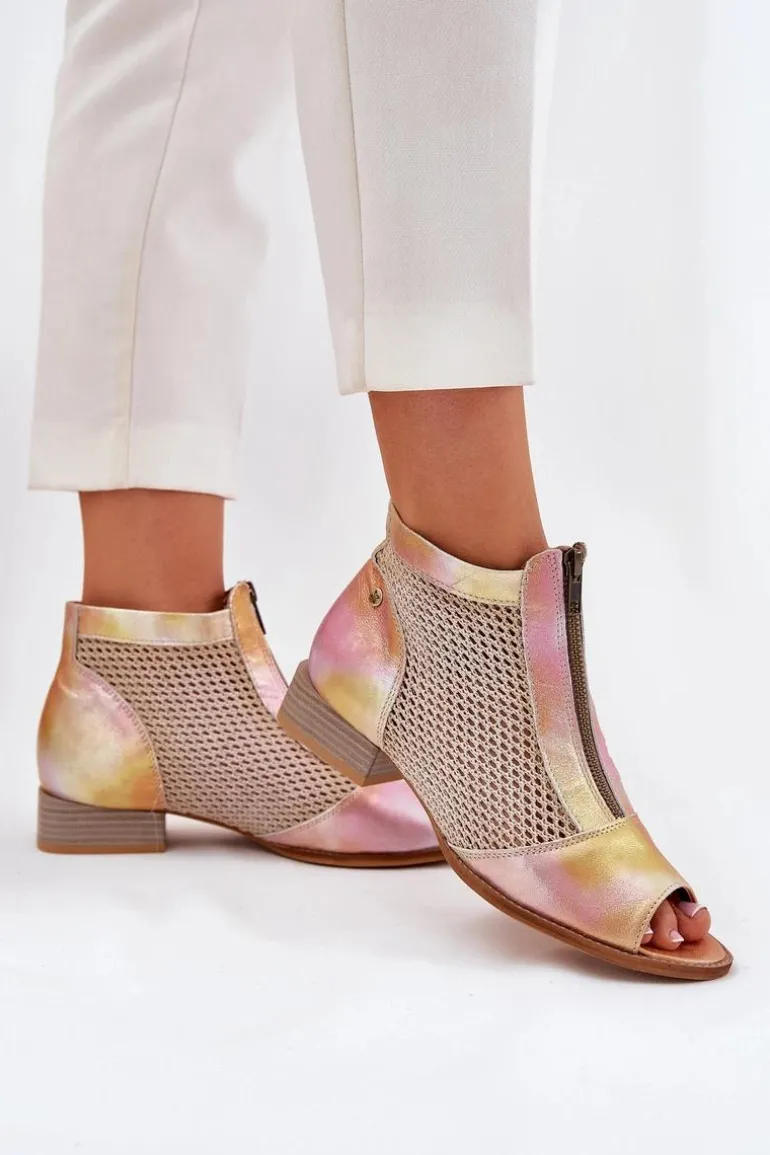 Skórzane Botki Damskie Na Płaskim Obcasie Z Odkrytymi Palcami Maciejka 06413-15 Różowo-Pomarańczowe