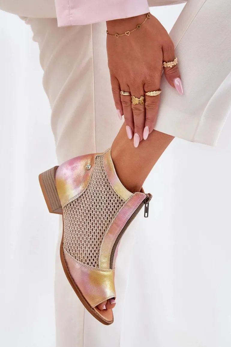 Skórzane Botki Damskie Na Płaskim Obcasie Z Odkrytymi Palcami Maciejka 06413-15 Różowo-Pomarańczowe