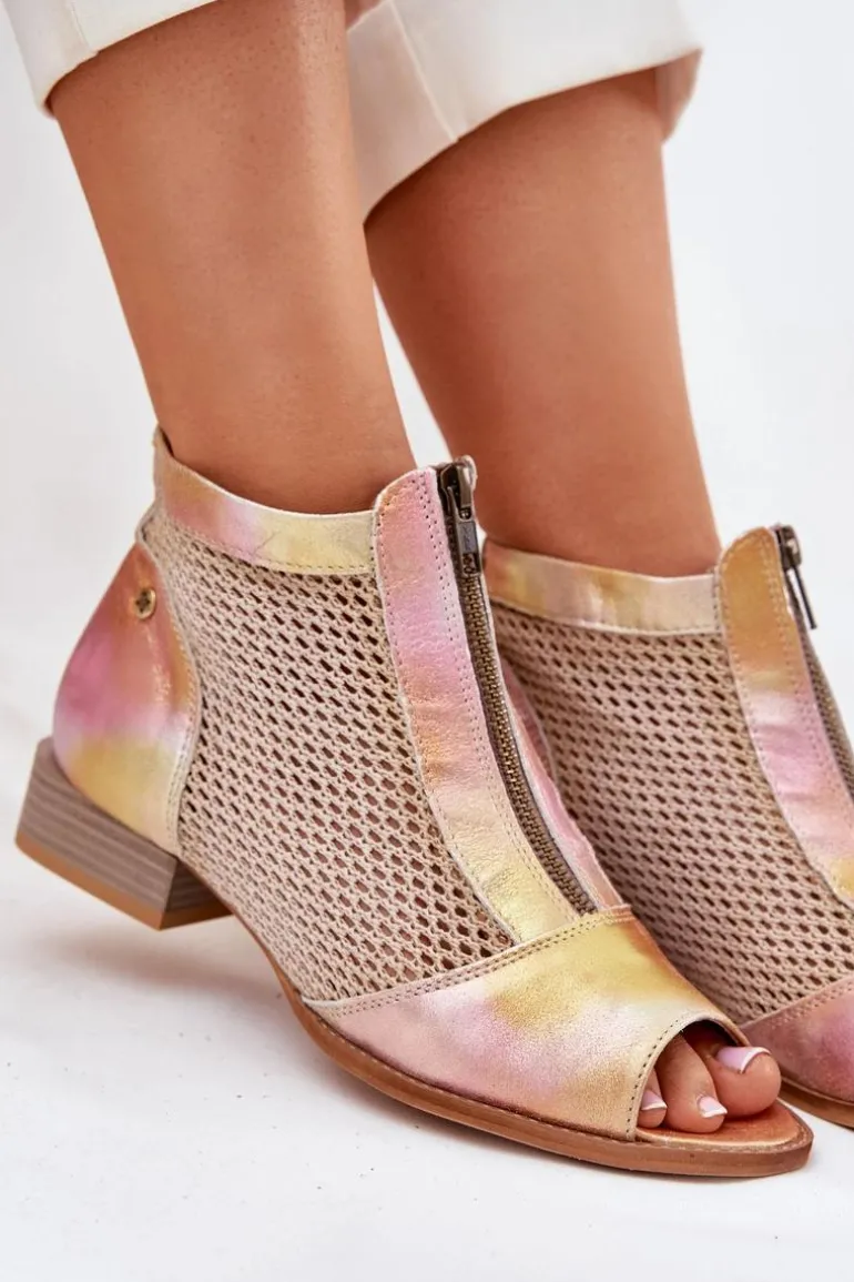 Skórzane Botki Damskie Na Płaskim Obcasie Z Odkrytymi Palcami Maciejka 06413-15 Różowo-Pomarańczowe