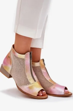 Skórzane Botki Damskie Na Płaskim Obcasie Z Odkrytymi Palcami Maciejka 06413-15 Różowo-Pomarańczowe