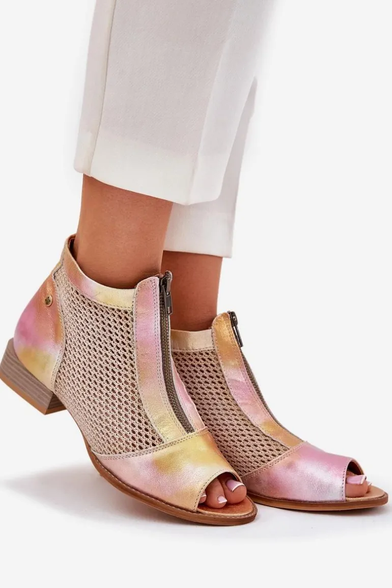 Skórzane Botki Damskie Na Płaskim Obcasie Z Odkrytymi Palcami Maciejka 06413-15 Różowo-Pomarańczowe