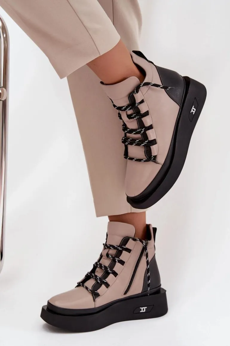 Skórzane Botki Damskie Na Platformie Ocieplane Artiker 55C0884 Beżowe