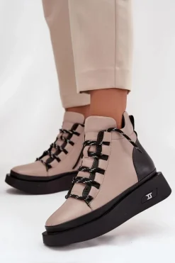 Skórzane Botki Damskie Na Platformie Ocieplane Artiker 55C0884 Beżowe