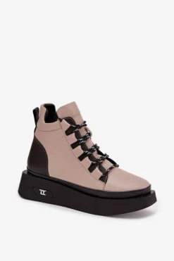 Skórzane Botki Damskie Na Platformie Ocieplane Artiker 55C0884 Beżowe