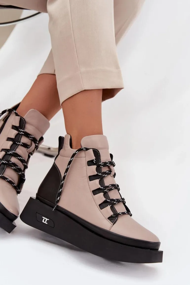 Skórzane Botki Damskie Na Platformie Ocieplane Artiker 55C0884 Beżowe