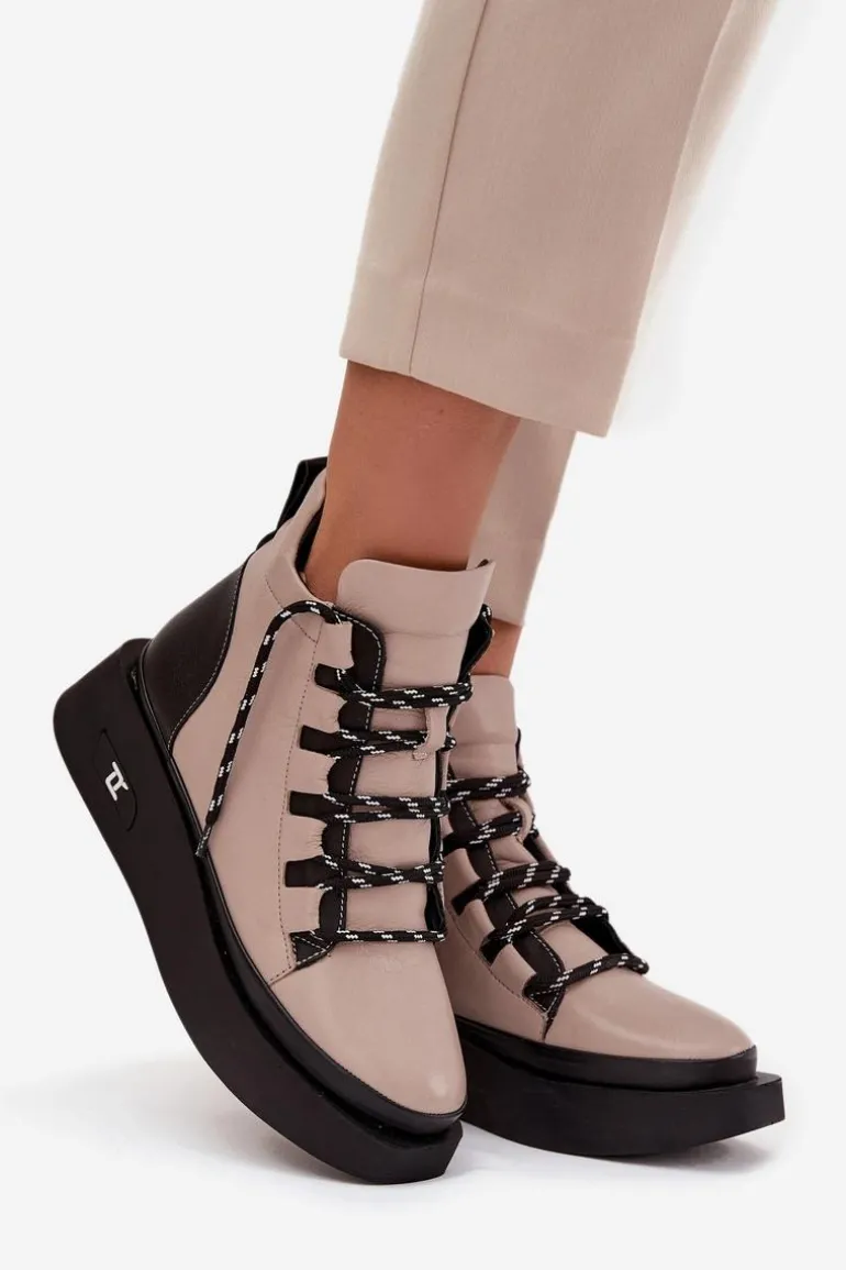 Skórzane Botki Damskie Na Platformie Ocieplane Artiker 55C0884 Beżowe