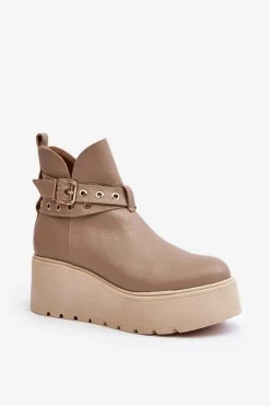 Skórzane Botki Damskie Na Koturnie Platformie Z Paskami Zazoo 1752 Beżowe