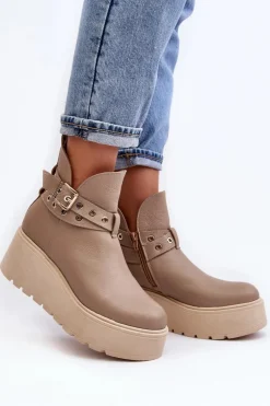 Skórzane Botki Damskie Na Koturnie Platformie Z Paskami Zazoo 1752 Beżowe