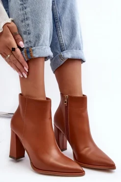 Skórzane Botki Damskie Na Słupku Brązowe Saitana