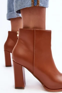 Skórzane Botki Damskie Na Słupku Brązowe Saitana