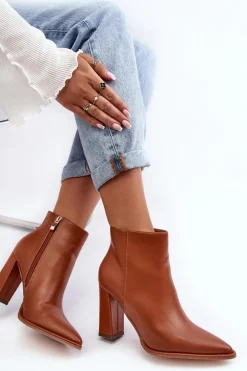 Skórzane Botki Damskie Na Słupku Brązowe Saitana