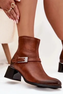 Skórzane Botki Damskie Na Obcasie Z Klamrą Zazoo 60562 Brązowe
