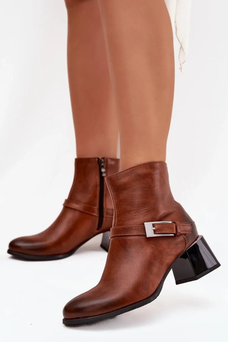 Skórzane Botki Damskie Na Obcasie Z Klamrą Zazoo 60562 Brązowe