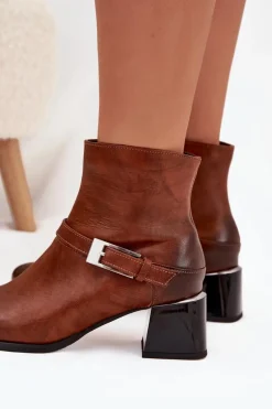 Skórzane Botki Damskie Na Obcasie Z Klamrą Zazoo 60562 Brązowe