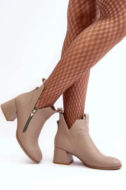 Skórzane Botki Damskie Na Niskim Obcasie Z Wycięciami Zazoo 850 Beżowe