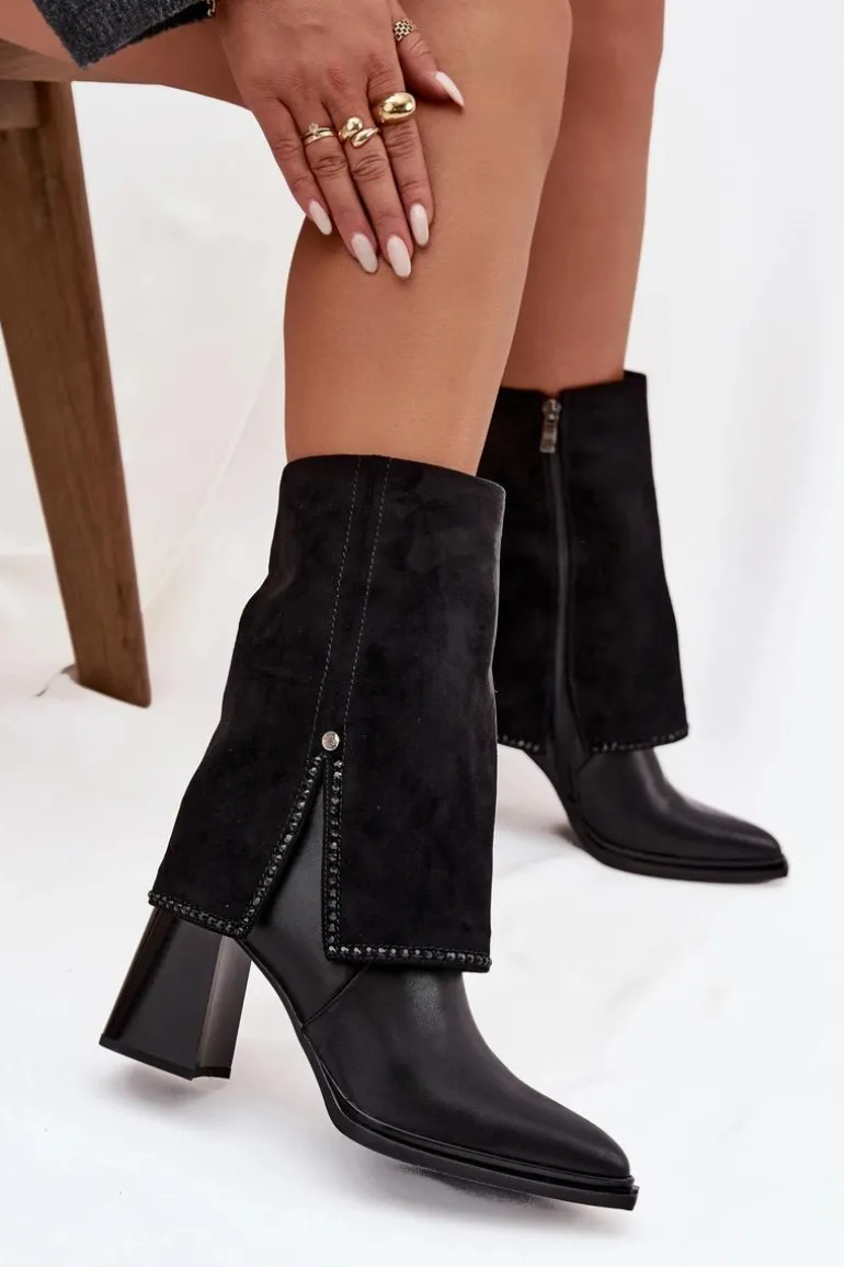 Skórzane Botki Damskie Na Słupku Z Wywiniętą Cholewką Ocieplane Maciejka K7206-01 Czarne