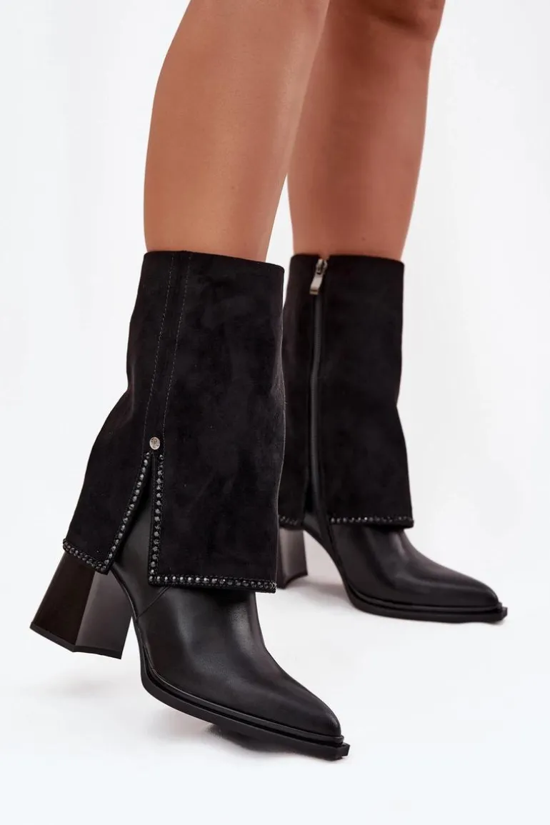 Skórzane Botki Damskie Na Słupku Z Wywiniętą Cholewką Ocieplane Maciejka K7206-01 Czarne