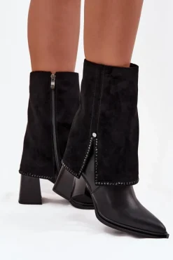 Skórzane Botki Damskie Na Słupku Z Wywiniętą Cholewką Ocieplane Maciejka K7206-01 Czarne