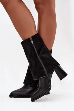 Skórzane Botki Damskie Na Słupku Z Wywiniętą Cholewką Ocieplane Maciejka K7206-01 Czarne