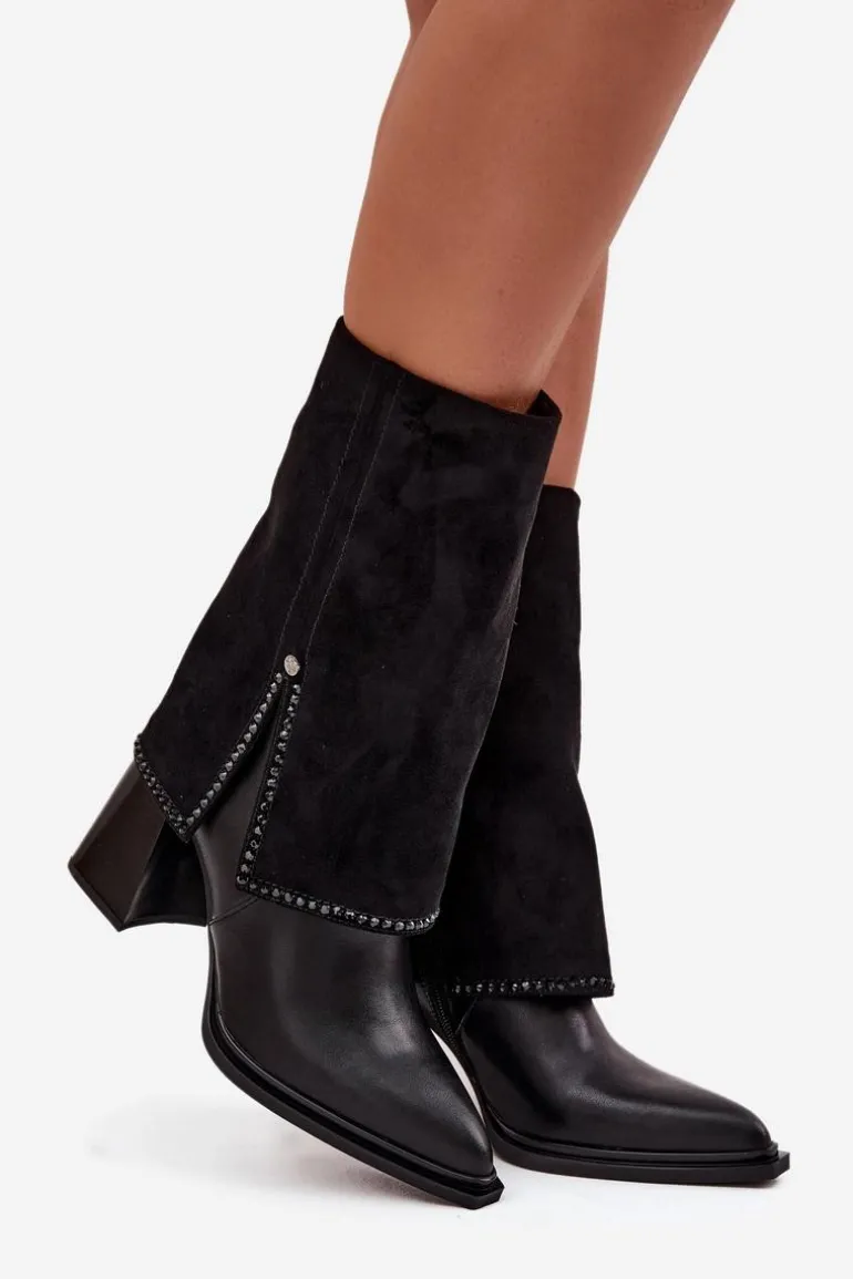 Skórzane Botki Damskie Na Słupku Z Wywiniętą Cholewką Ocieplane Maciejka K7206-01 Czarne