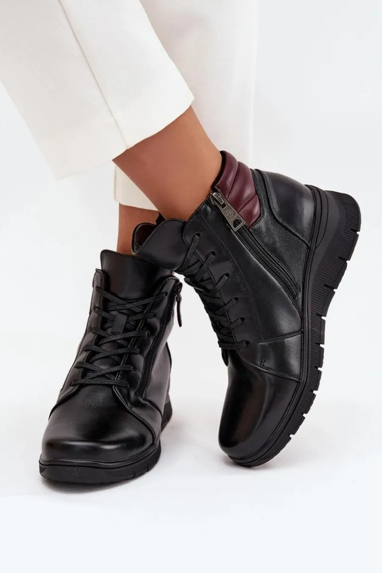 Skórzane Botki Damskie Na Koturnie Ocieplane Vinceza 39963 Czarne