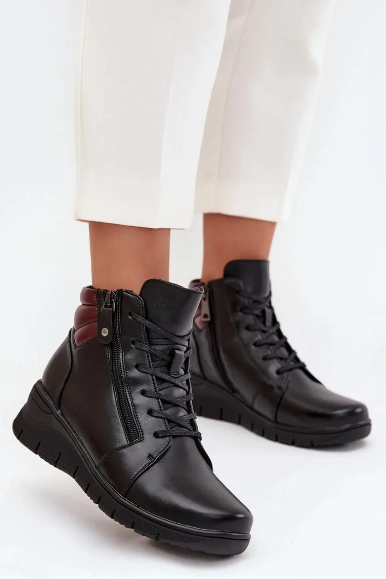 Skórzane Botki Damskie Na Koturnie Ocieplane Vinceza 39963 Czarne