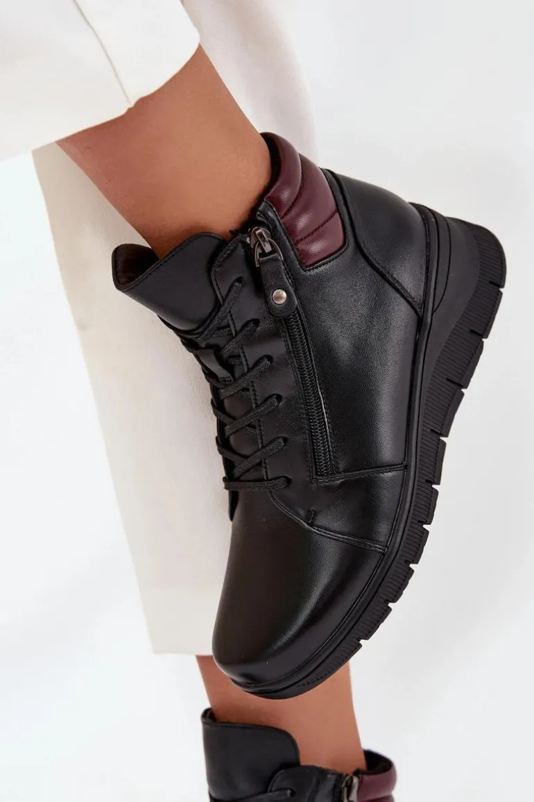 Skórzane Botki Damskie Na Koturnie Ocieplane Vinceza 39963 Czarne