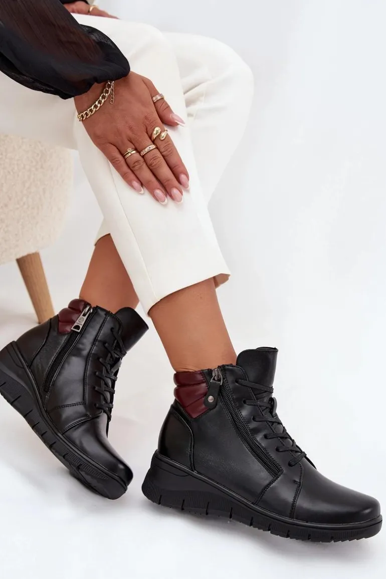 Skórzane Botki Damskie Na Koturnie Ocieplane Vinceza 39963 Czarne