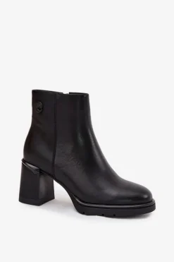 Skórzane Botki Damskie Na Słupku Czarne Julissa