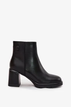 Skórzane Botki Damskie Na Słupku Czarne Julissa
