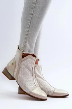 Skórzane Botki Damskie Na Niskim Obcasie Maciejka 06397-22 Jasnobeżowe