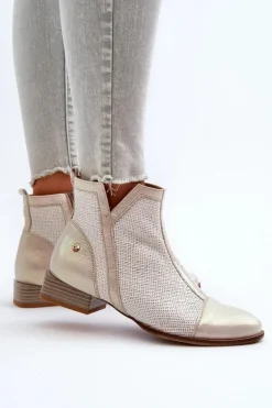 Skórzane Botki Damskie Na Niskim Obcasie Maciejka 06397-22 Jasnobeżowe