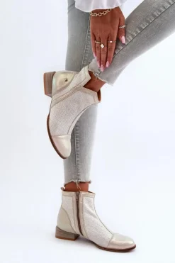 Skórzane Botki Damskie Na Niskim Obcasie Maciejka 06397-22 Jasnobeżowe