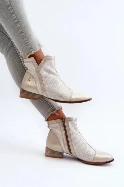 Skórzane Botki Damskie Na Niskim Obcasie Maciejka 06397-22 Jasnobeżowe