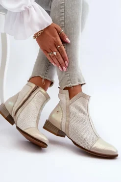 Skórzane Botki Damskie Na Niskim Obcasie Maciejka 06397-22 Jasnobeżowe