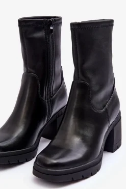 Skórzane Botki Damskie Na Masywnym Obcasie Czarne Fllavie