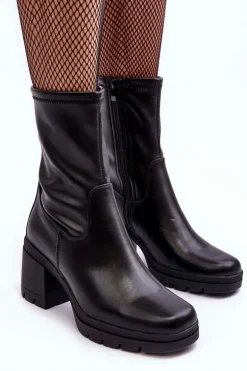Skórzane Botki Damskie Na Masywnym Obcasie Czarne Fllavie